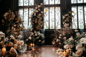 Elegant floral display in vintage interior with stained glass windows and candlelit ambiance