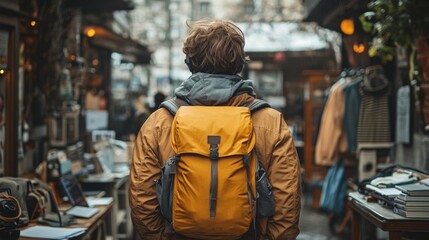 Fototapeta premium Man with a backpack walking down a narrow alley travel concept