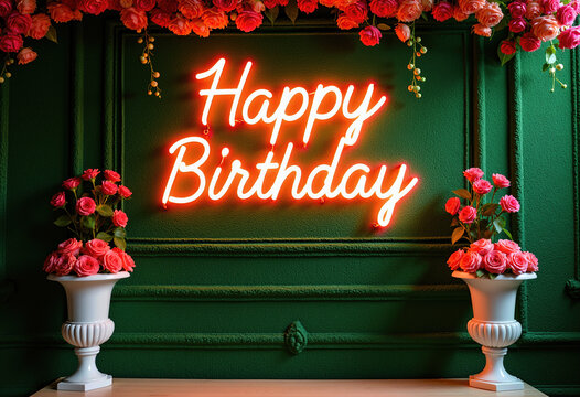 A radiant "Happy Birthday" neon sign in bright red, elegantly framed by pink roses and green foliage in ornate white urns, against a textured green wall, creating a classic and festive birthday celebr - Powered by Adobe