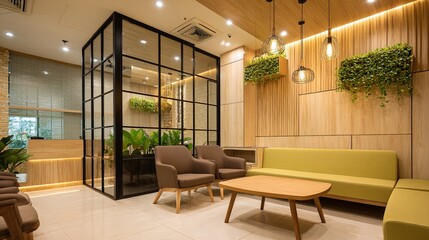 Dental clinic waiting area with eco-friendly decor and sustainable materials, showcasing green dentistry concepts