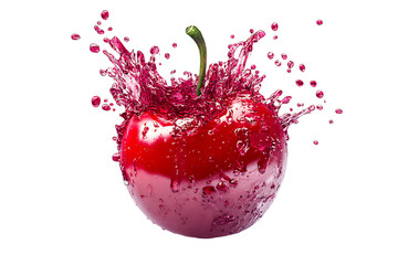 Red cherry with stem submerged in water creating a splash isolated on white or transparent png