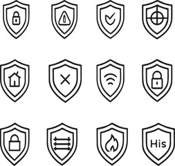 Obraz premium “Shield Icons | Minimal Line Art Emblems & Badges – Vector Set”