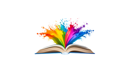 Colorful educational book opens to a page of knowledge for wonderful learning on a white background