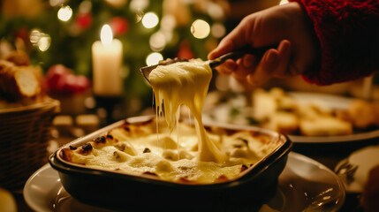 Scooping hot raclette cheese from festive baking dish
