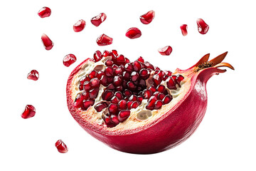 Cut pomegranate with seeds floating isolated on white or transparent png