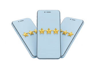 Three smartphones display five golden stars for a perfect rating isolated on transparent background