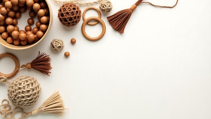 A flat lay of wooden beads, rings, and woven balls on a white surface with tassels and string