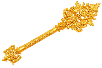 Ornate golden key with floral details isolated isolated on white or transparent png
