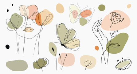 Abstract floral line art beauty, isolated vector set