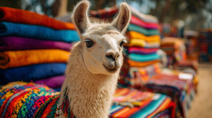 Fototapeta premium Llama standing among vibrant textile market stalls