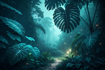 Magical Jungle Path Illuminated by Ethereal Glow and Sparkling Fireflies