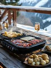 Raclette grill with potatoes and meat on snowy mountain terrace