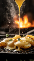 Melted raclette cheese poured on potatoes near fireplace