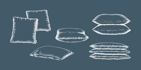 Pillows for bedding, collection of hand drawn outline illustrations. Sketch drawings of cushion, home textiles, bedroom items, comfortable home, hotel decor. Vector line art clipart, isolated © Liia Lonn