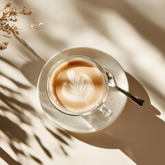 Glass cup of melange coffee with latte art in sunlight