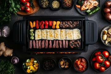 Raclette grill with colorful ingredients and cheese melting