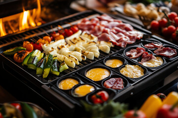 Raclette grill with assorted vegetables, cheese, and meat
