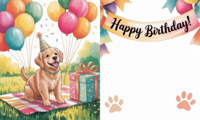 Obraz premium Happy birthday puppy on picnic