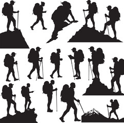 Obraz premium Mountain hikers and trekkers climbing with backpacks and poles in various poses