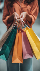 Woman holding shopping bags in urban setting