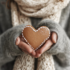 Woman holding simple gingerbread heart with icing dots