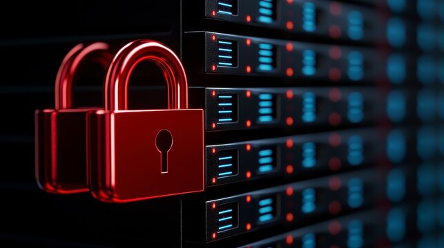 Close up of a red padlock on a computer server symbolizing data security and information protection in a digital environment. Cybersecurity safeguard digital privacy protection via robust