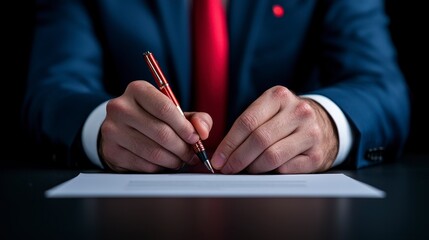 Business professional signing a contract at a desk in a formal suit highlighting corporate agreement and legal documentation. A corporate lawyer meticulously reviews crucial paperwork