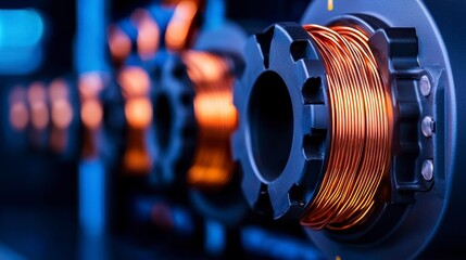 Close up view of an electric motor with copper wires showcasing mechanical engineering and industrial detail. imagery reveals intricate wiring a powerful electric motor component