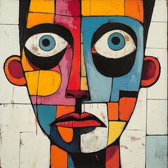 Bold and colorful cubist style photo depicting a simplified human face artistic portraiture