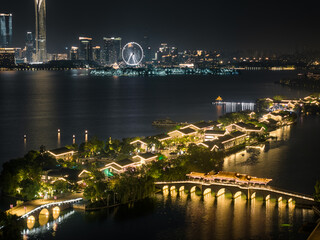 skyline at night in Suzhou, China