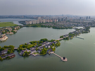 skyline at sunset in Suzhou, China