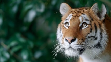 A majestic tiger gazes thoughtfully. Its striking orange and black stripes contrast against the lush green background. This image captures the elegance and power of wildlife. AI