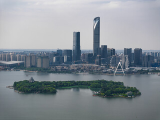 skyline at sunset in Suzhou, China