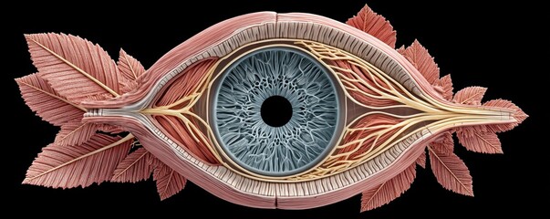 A detailed anatomical illustration of an eye, showcasing intricate structures and vascular components, highlighting the beauty and complexity of the human body.