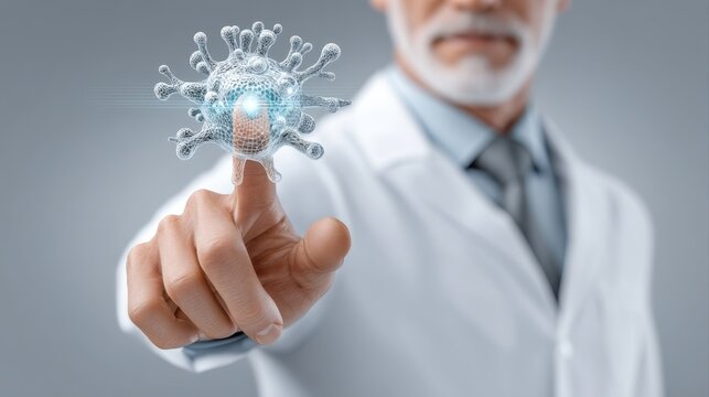A scientist in a lab coat points to a digital virus model