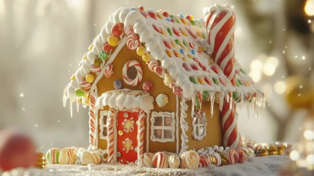 A festive gingerbread house decorated with colorful candy and candy canes for holiday celebrations