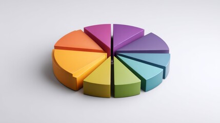 Obraz premium Colorful pie chart segmented into sections on a plain white background, sleek and modern, ideal for data visualization.