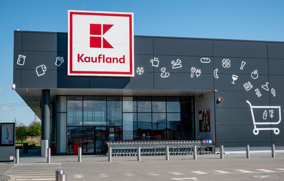 Sibiu, Romania - April 20, 2025 Retail chain supermarket Kaufland main entrance