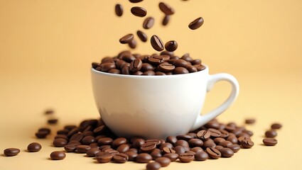 Coffee beans falling into a white cup with a light brown background in a studio setting scene view