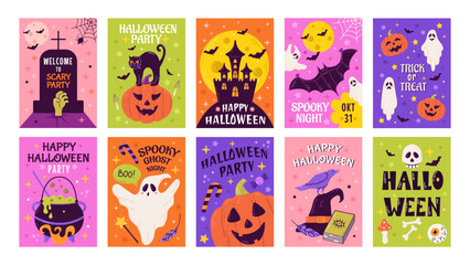 Happy Halloween party posters or flyers big set. Vector illustration with pumpkin, ghost, moon, bat, and spiders web