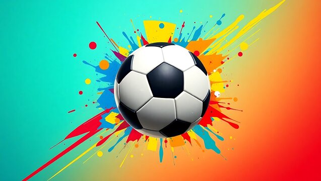 Soccer ball exploding with vibrant paint splashes on a colorful gradient background