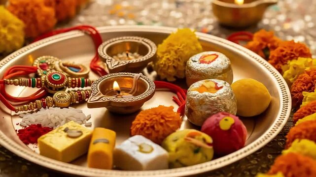 Raksha bandhan celebration festive rakhi sweets and diya lamps for sibling love and hindu tradition