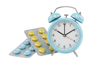 A blue alarm clock sits next to several pill packs isolated on transparent background
