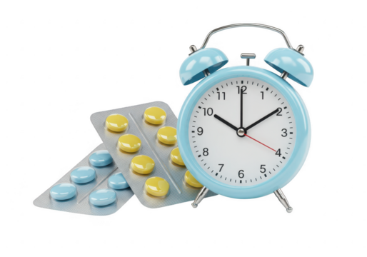 A blue alarm clock sits next to several pill packs isolated on transparent background