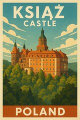 This vintage poster artwork of Książ Castle in Poland features the stately hilltop fortress surrounded by thick forest beneath a striking blue sky with sweeping clouds