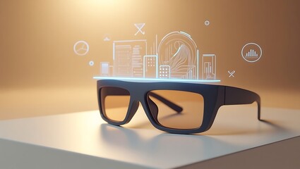 A pair of augmented reality glasses displaying a holographic city and data visualizations on a surface