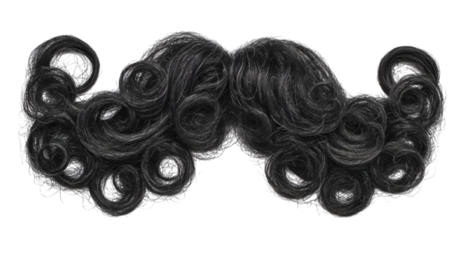 Curly black mustache and beard combination in comical style, isolated on transparent 