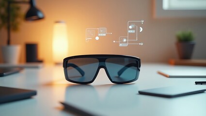 A pair of smart glasses on a desk with digital interface elements floating above them in a bright room