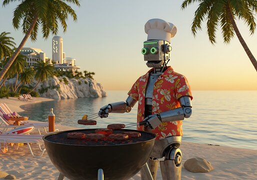 Retro Robot Grilling Burgers with Palm Trees and Sci-Fi Touch