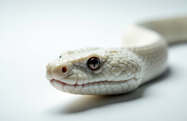 Fototapeta premium Close-up of a white snake with smooth scales and dark eyes on a plain background